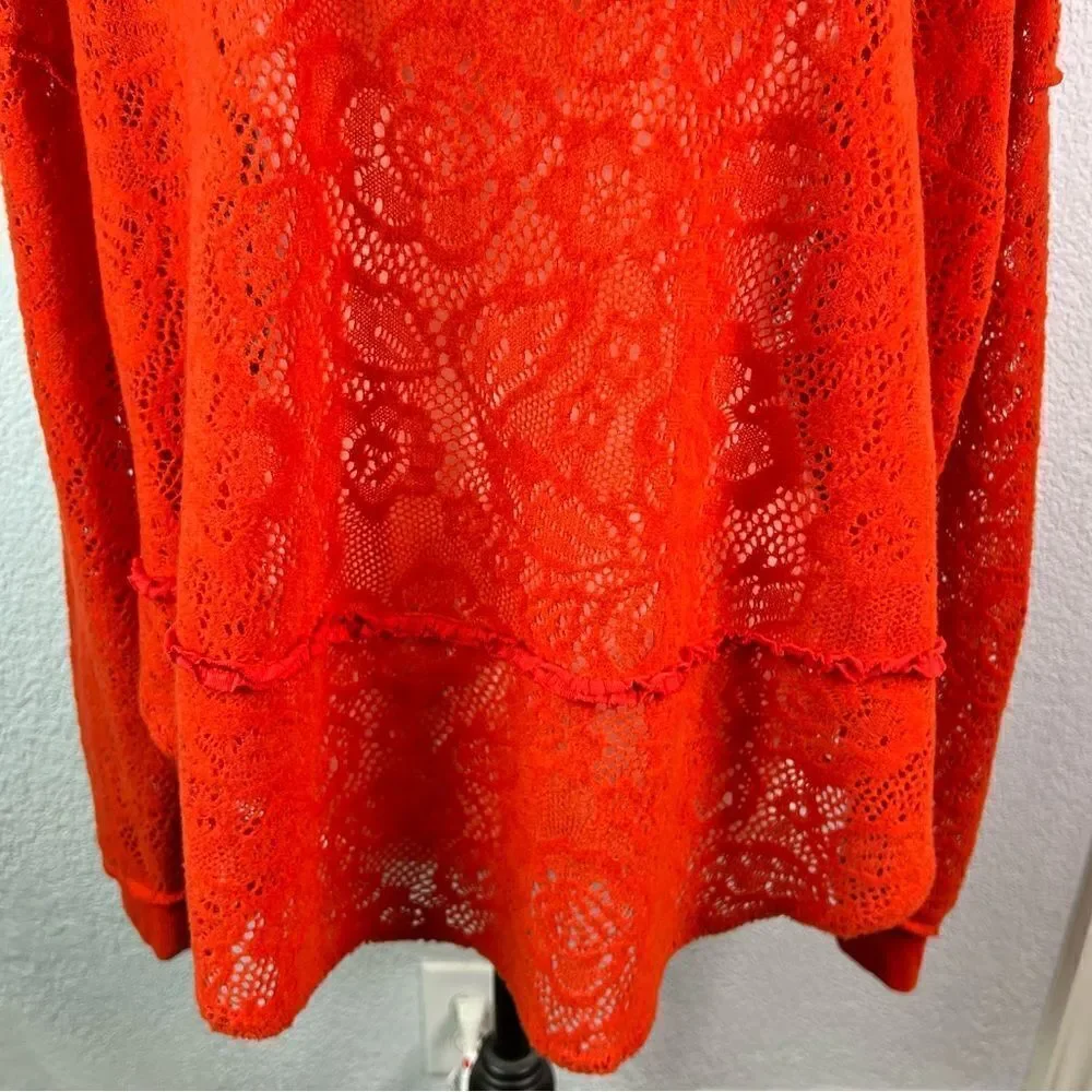 Free People Oversized Orange Long Sleeve Top Semi-Sheer Lacy Size XS Bohemian